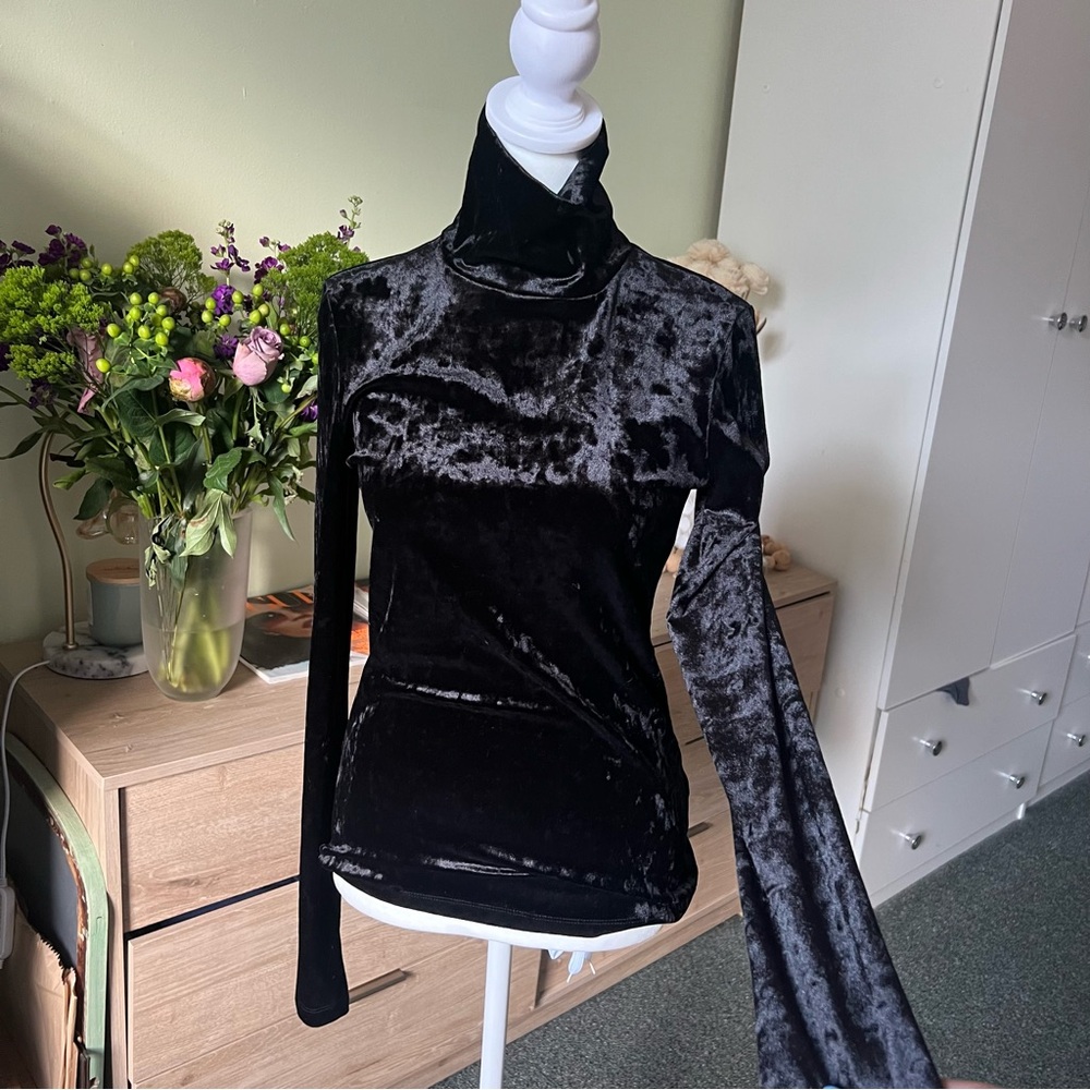 PROENZA SCHOULER Black Crushed Velvet Velour Turtleneck Sweater Back Cut Out Top